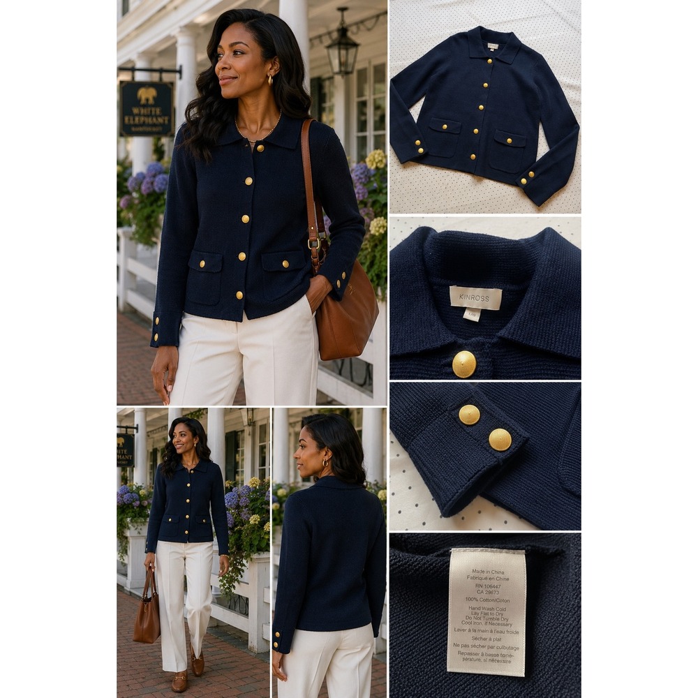 Kinross Navy Cotton Knit Jacket L Gold Button Cardigan Blazer Quiet Luxury
